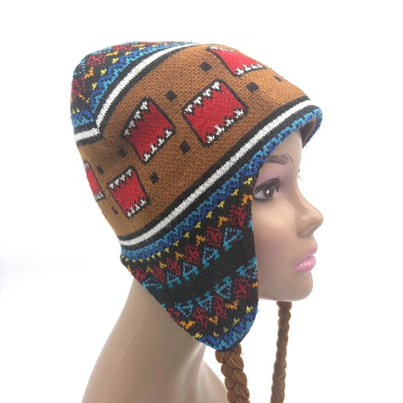 DOMO KUN Brown Knit Trapper Beanie with Braids and Aztec Pattern Y2K Rare
